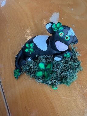 Handmade Black & White Cow Figurine with Green Clover Accents